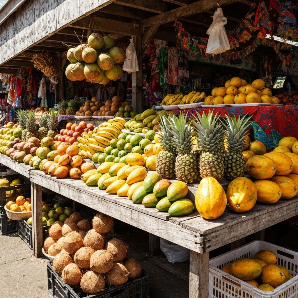 Tropical fruits and products at marketplace